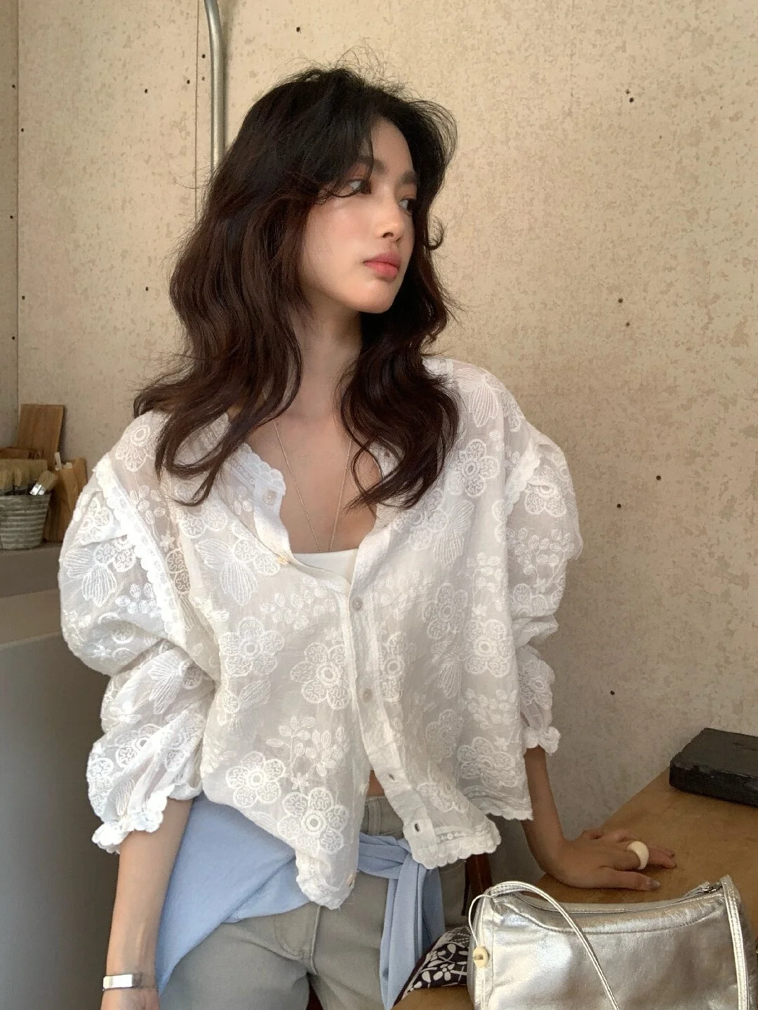 Spring Summer New Style Ultra-Fairy Flower Embroidery Hollow out Lace Shirt Korean Chic High-End Lightweight White Women's Shirt