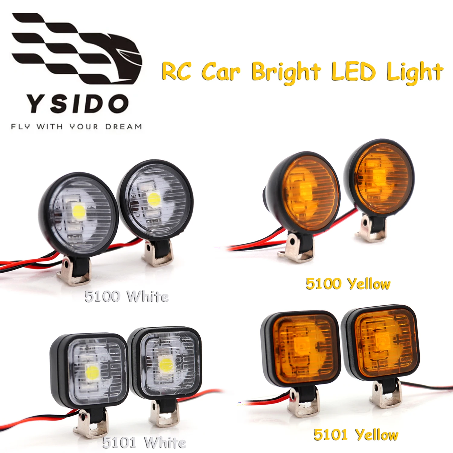 Luces LED de 15mm y 12mm, carcasa de luz de plástico con soporte de Metal ajustable, colores de luz blanca y amarilla para piezas de mejora de coche RC