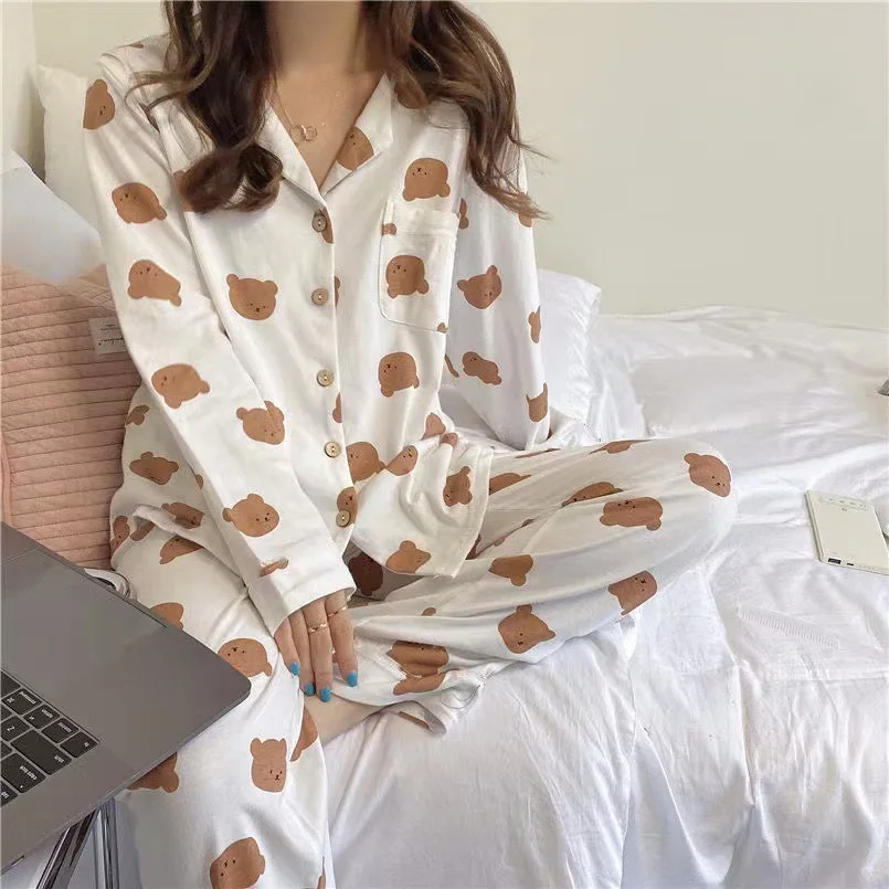 New Ins Bear Pajamas Women\'s Sweet and Cute Long Sleeved  Nightwear 2 Pieces Set Student Girl Cartoon Casual Home Wear Suit