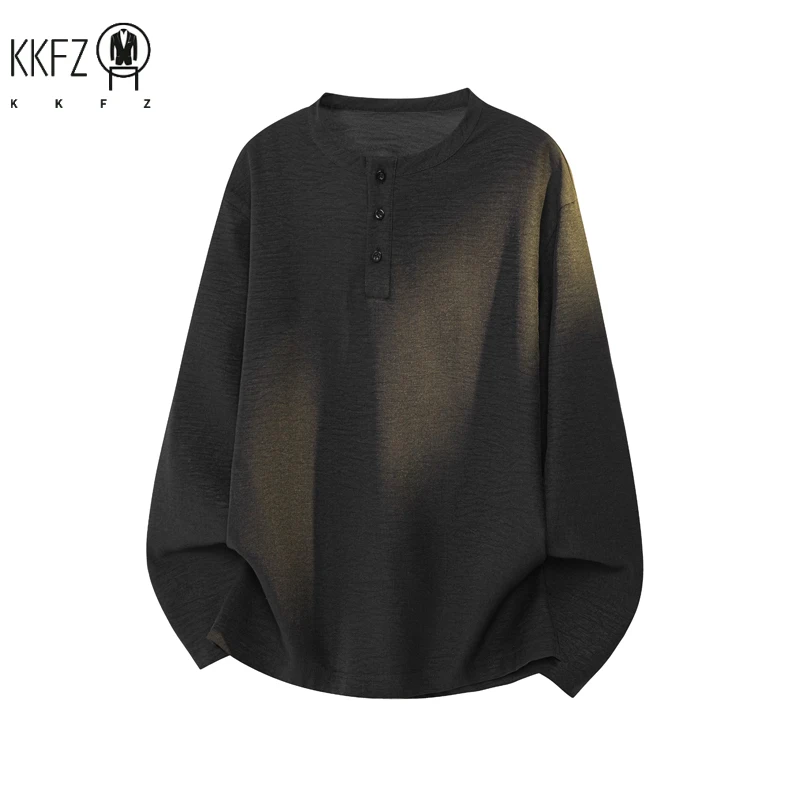 Mens Relaxed Henley Shirt Crew Collar Half Button Long Sleeve Textured Material Loose Streetwear Pullover - view 4