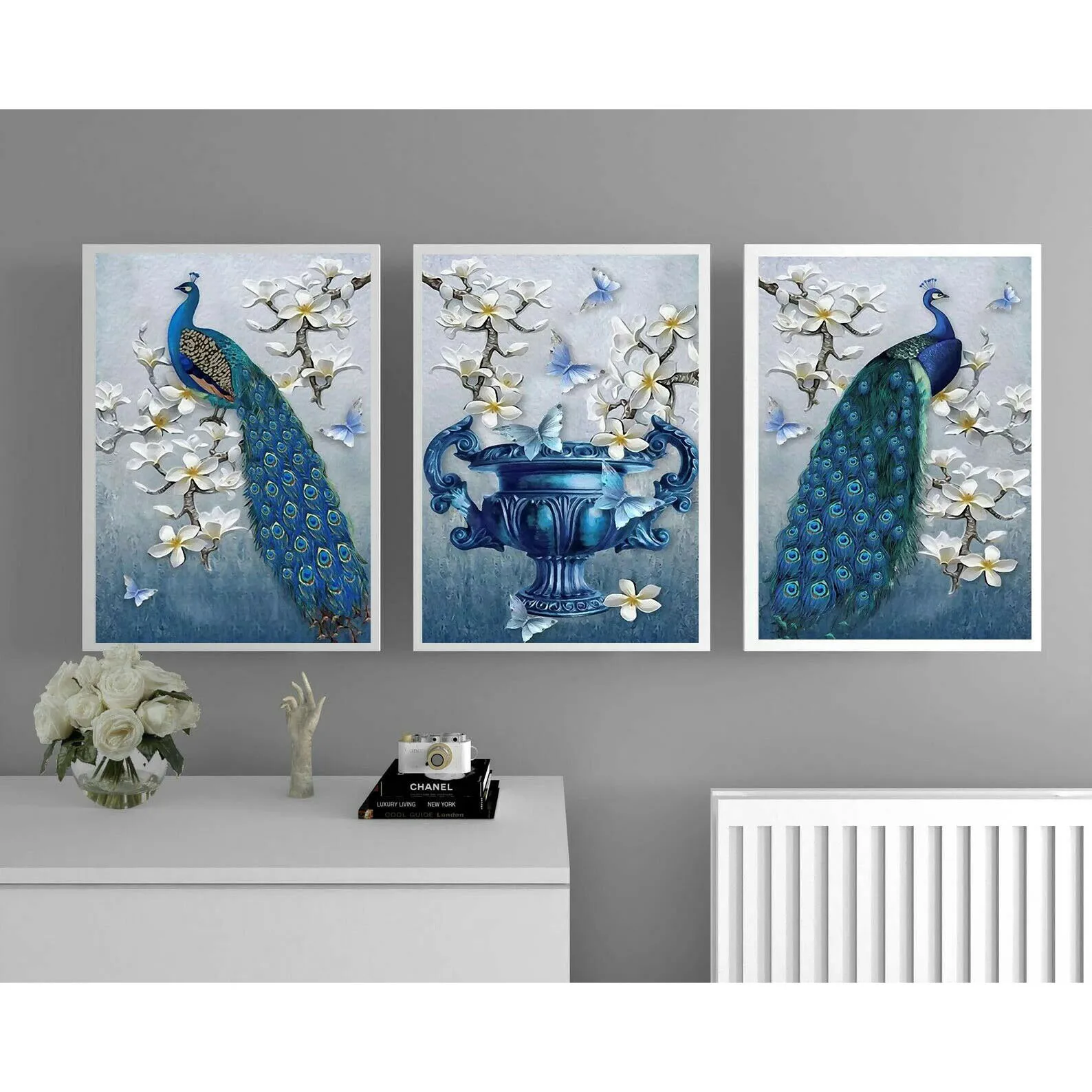 Beautiful Blue Floral Peacock Animal 3Pcs Posters Wall Print Art Canvas Pictures Home Decor Paintings for Living Room Decoration