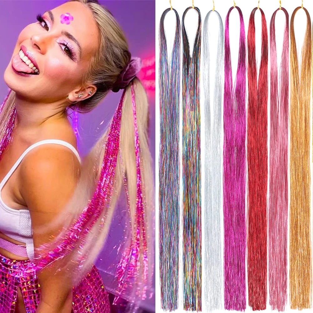 AZQUEEN 16 Colors Shiny Threads Glitter Hair Tinsel Kit Purple Silk Hair Glitter String Extensions Accessories For Women