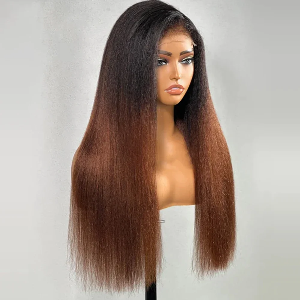 Yaki Glueless 26Inch Ombre Brown Kinky Straight Lace Front Wig For Black Women BabyHair 180%Density Preplucked Daily Cosplay