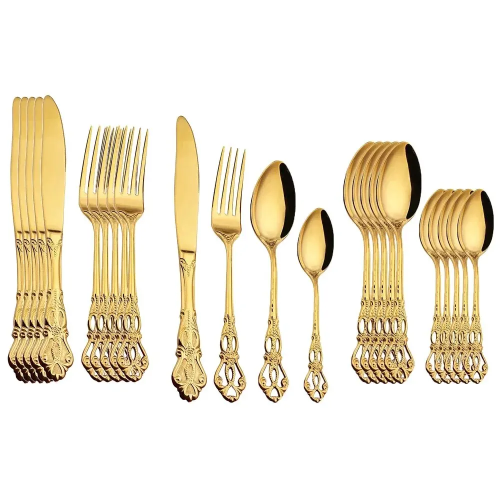 

24 Pcs/Set Retro Gold Cutlery Set Luxury Tableware European Style Stainless Steel Spoon Fork Steak Knife Dinnerware Set Gift Box