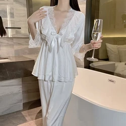 2025 Women's New Lace Lace Satin Home Pajama Set Deep V Sweet Lace Top Pants Two Piece Set Home Clothes Skin friendly Hot Sale