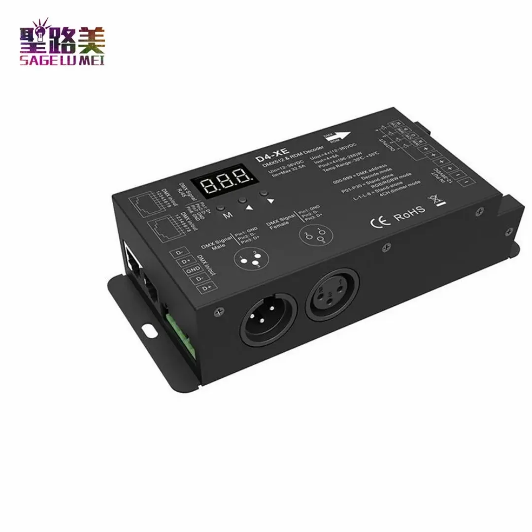 Controller decodificatore LED D4-XE 4CH PWM a tensione costante CV DMX512 RDM con display digitale XLR3 RJ45 DC12V 24V 36V ingresso 8A * 4CH