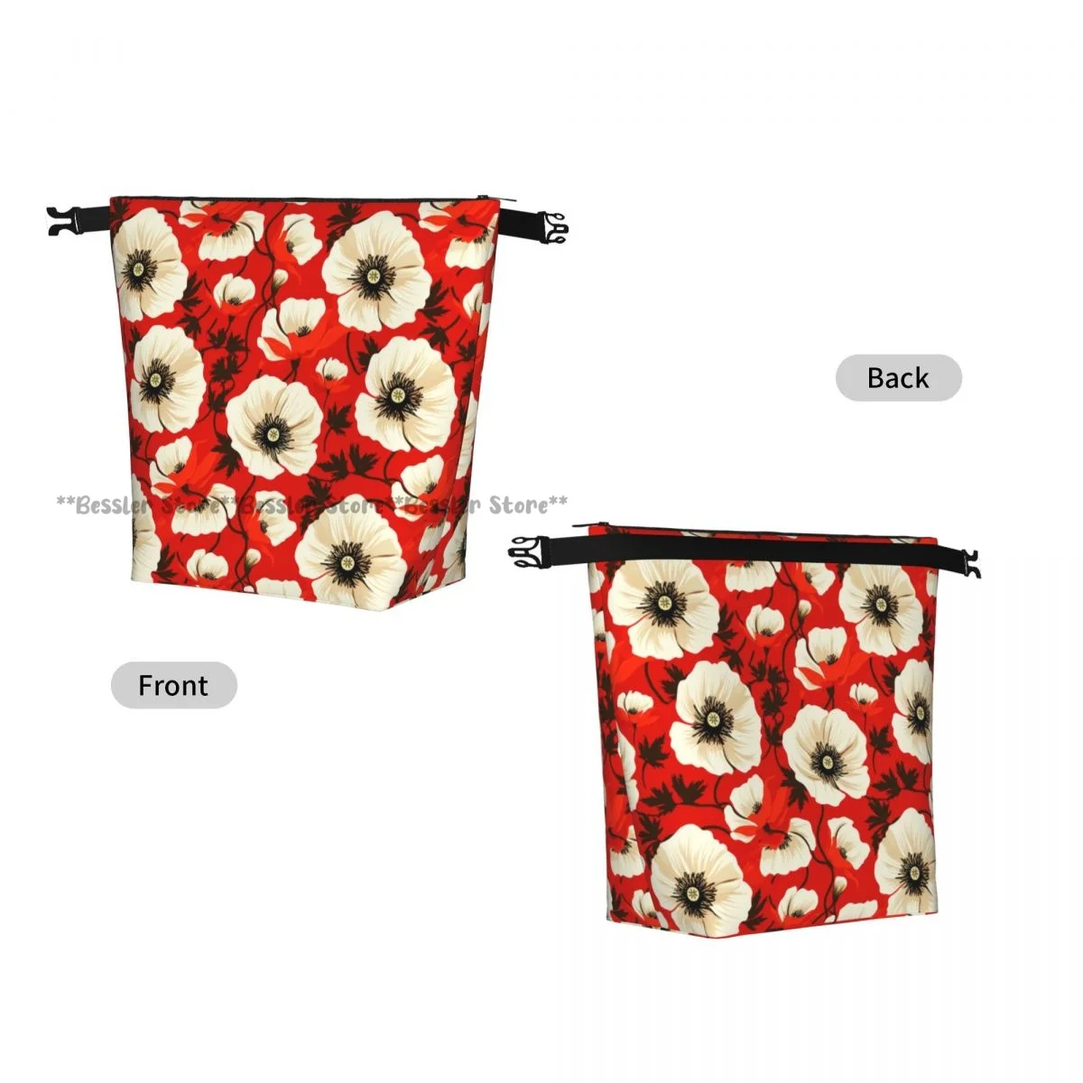 Roll Top Insulated Lunch Bag Poppy Flower Blooms Pattern Thermal Food Storage Bag Portable Bento Handbag for Daily Use