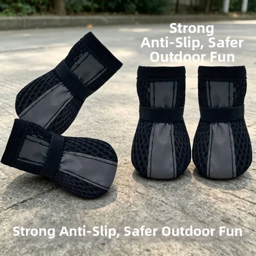 4PCS/SET Non-slip Mesh Dog Shoes Breathable Wear-resistant Dog Sneakers Hook-and-loop Strap Reflective Stripe Pet Booties