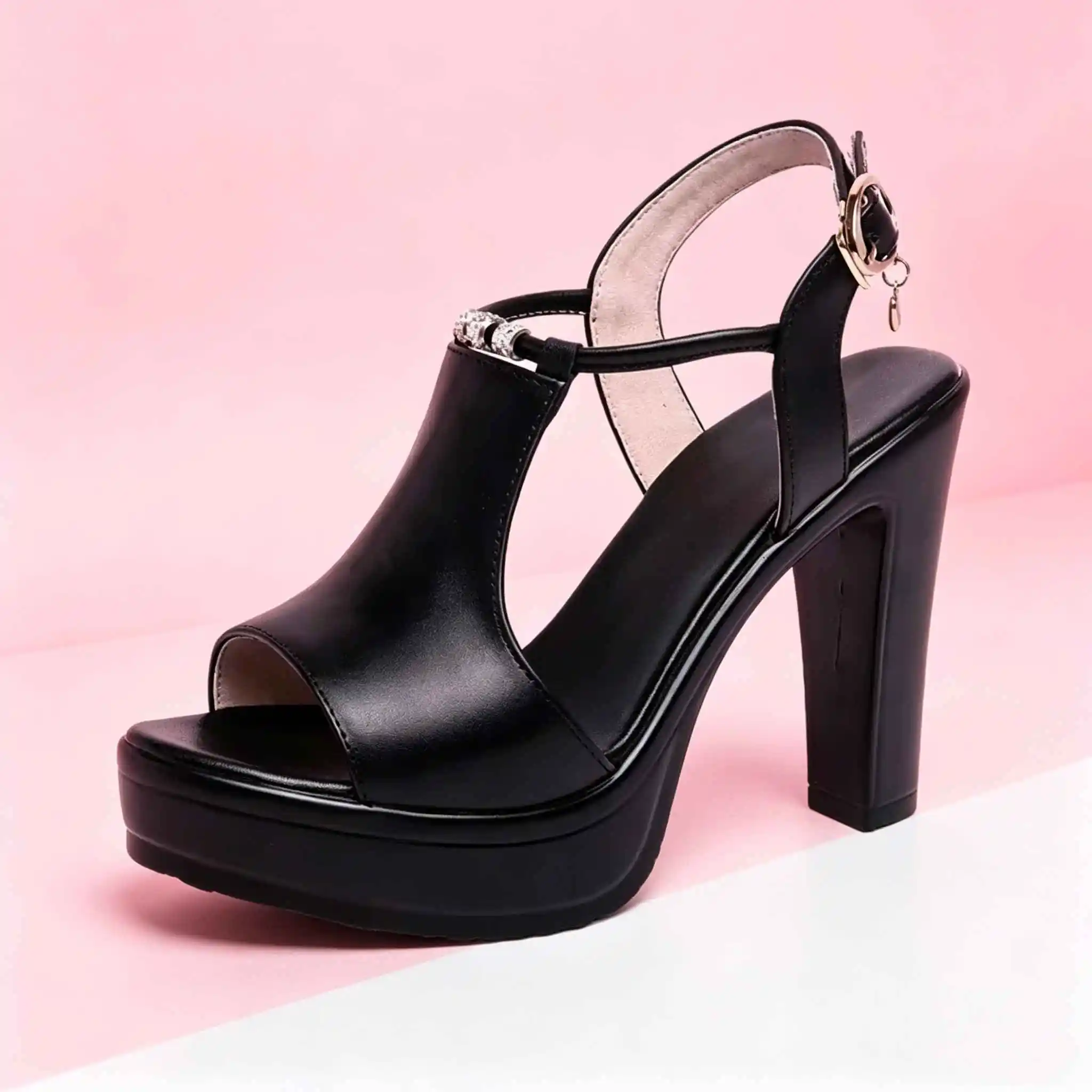 Plus Size 32-43 Block Heel Platform Sandals Women Wedding Shoes Summer 2025 T Strap High Heels Sandals Ladies OL Office Shoe