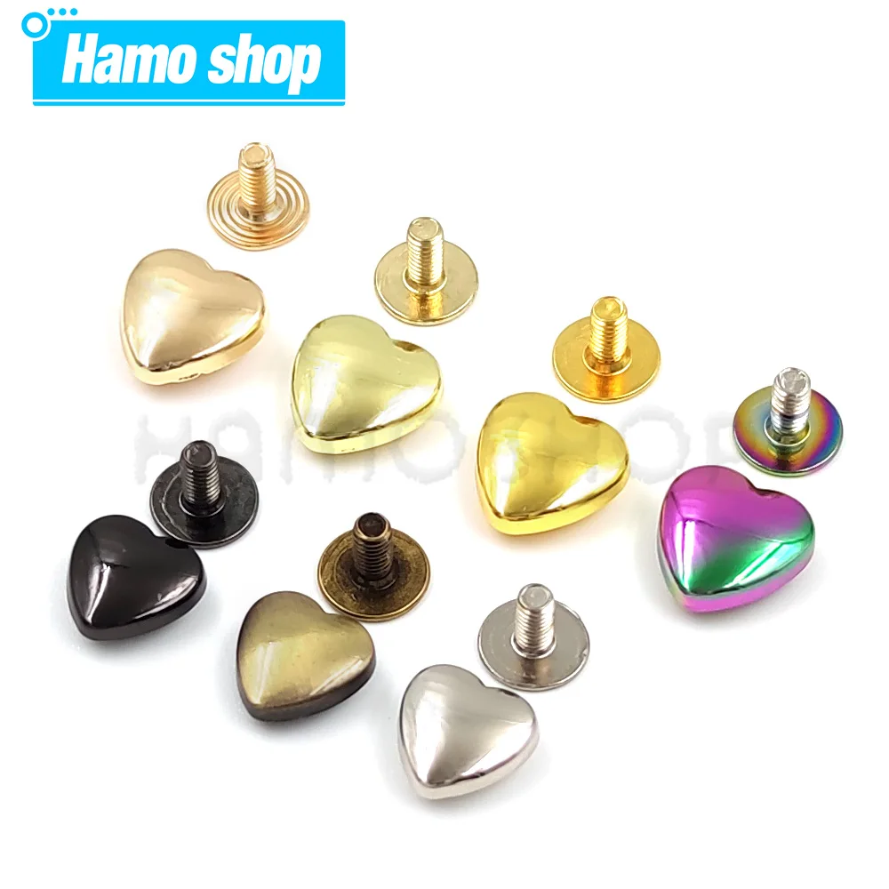 10Set 10/14mm Heart Shape Metal Screwback Rivet Screw Studs Nail For Leathercarft Garment Belt Wallet Bag Decoration Accessories