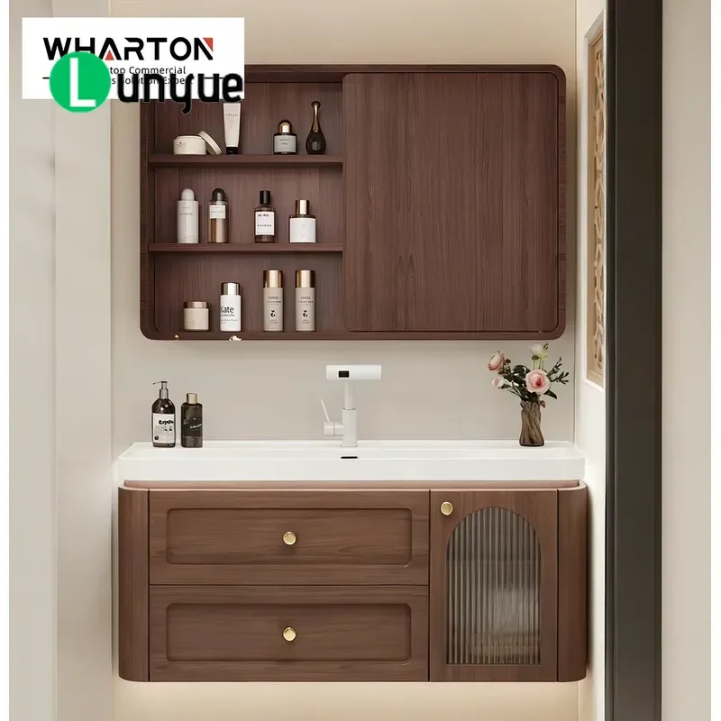Medieval Style Walnut Floating Vanity with Sintered Stone Top Ceramic Sink LED Mirror Cabinet Wall Mounted Bathroom Furniture