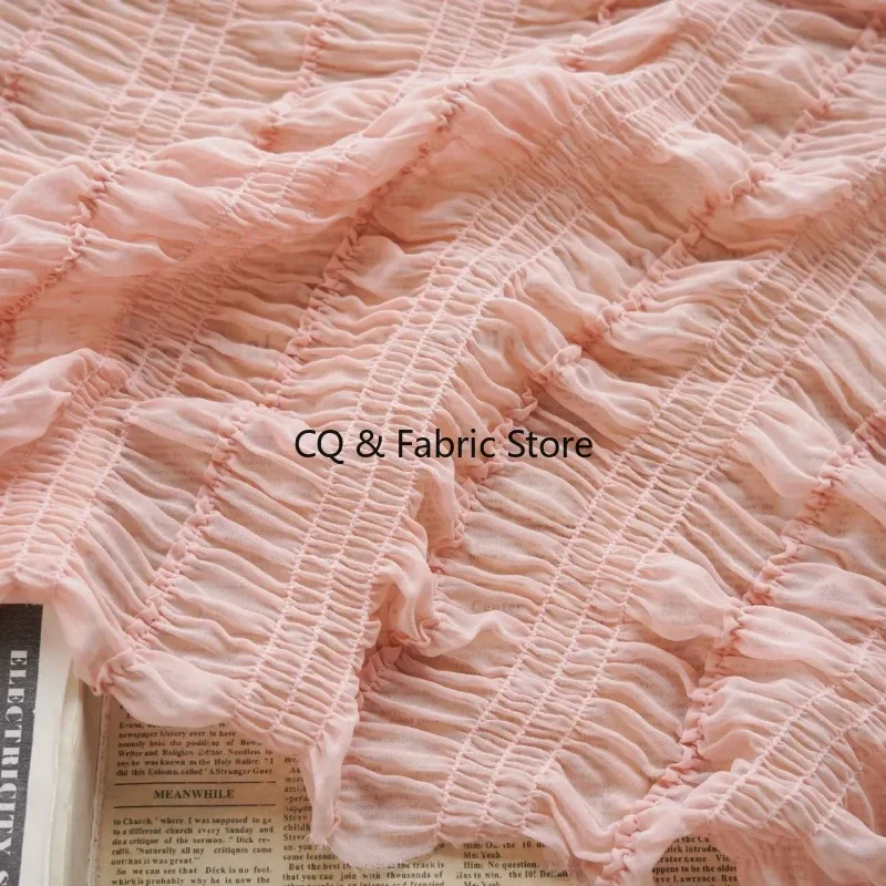 Exquisite Stretchy Pink Beige Black White Chiffon Fabric Ruffled Pleated Embroidery for Bridal, Wedding, Skirt, Diy Headband