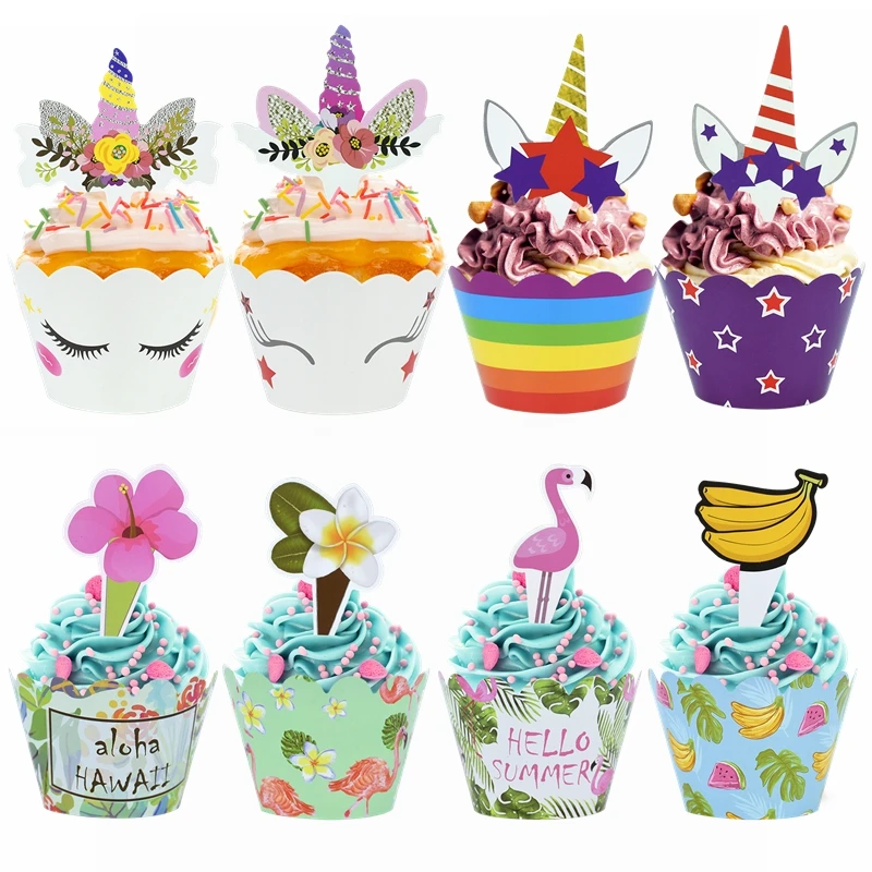 

24pcs Tropic Flamingo Pineapple Cupcake Wrappers Unicorn Theme Cake Topper Summer Hawaii Beach Wedding Birthday Party Decoration