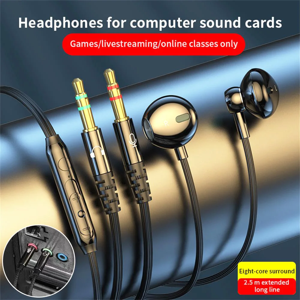 2.5m Long Cable Earphones Dual 3.5mm Wired Headphones For Desktop Computer Sound Card Dual Plug Voice Microphone In-Ear Headset