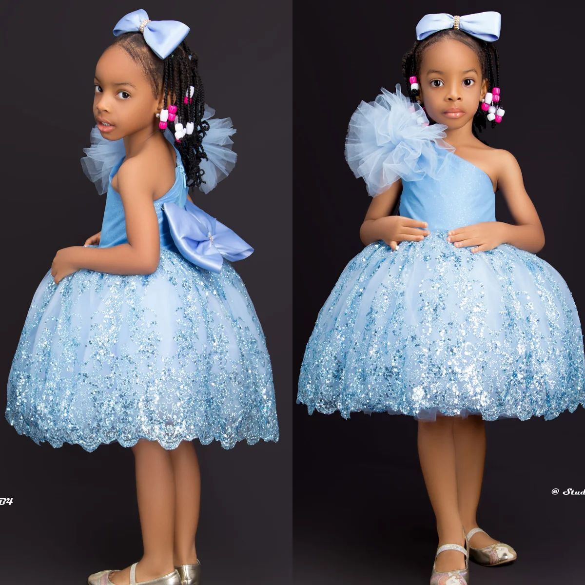 

Sky Blue Flower Girl Dresses For Wedding One Shoulder Sequins Knee Length Puffy Baby Birthday Ball Gown First Communion Gowns