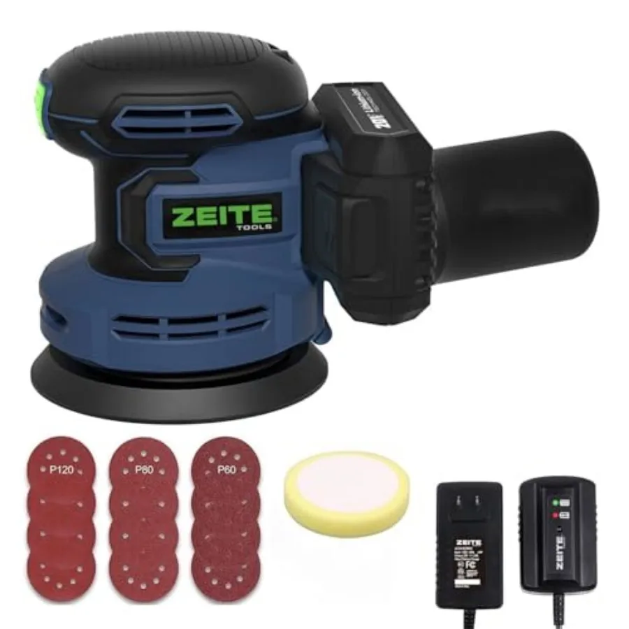 

5 Inch 20V 2.0Ah Orbital Sander Cordless 6 Variable Speed 3 000-11 000 OPM Electric Sander for Woodworking 12 x Sandpaper 1 x P