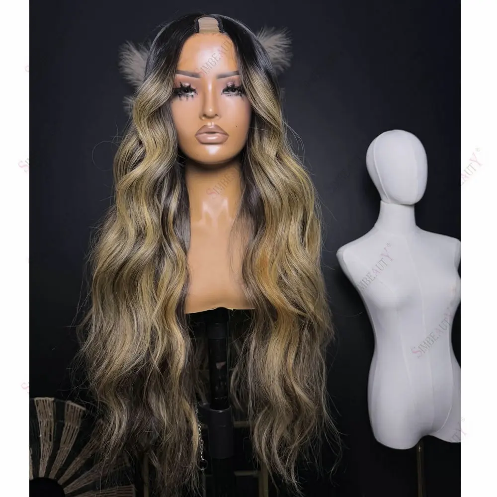 30 Zoll lange gewellte honigblonde Highlights Echthaar 1x4 U-Part-Perücken für Frauen, günstige V-Part-Perücken, maschinell gefertigt, klebefrei, einfach zu tragen – Detail 2
