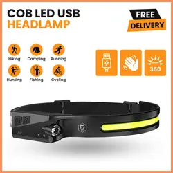 COB LED Headlamp USB Rechargeable Headlight Torch Work Light Bar Head Band Lamp Fishing Camping Lantern High Power Flashlight