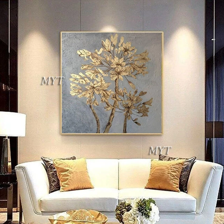 

Beautful Abstract Flowers 3d Picture Gold Foil Painting High Quality Floral Wall Acrylic Art Canvas Drawing Decor No Framed