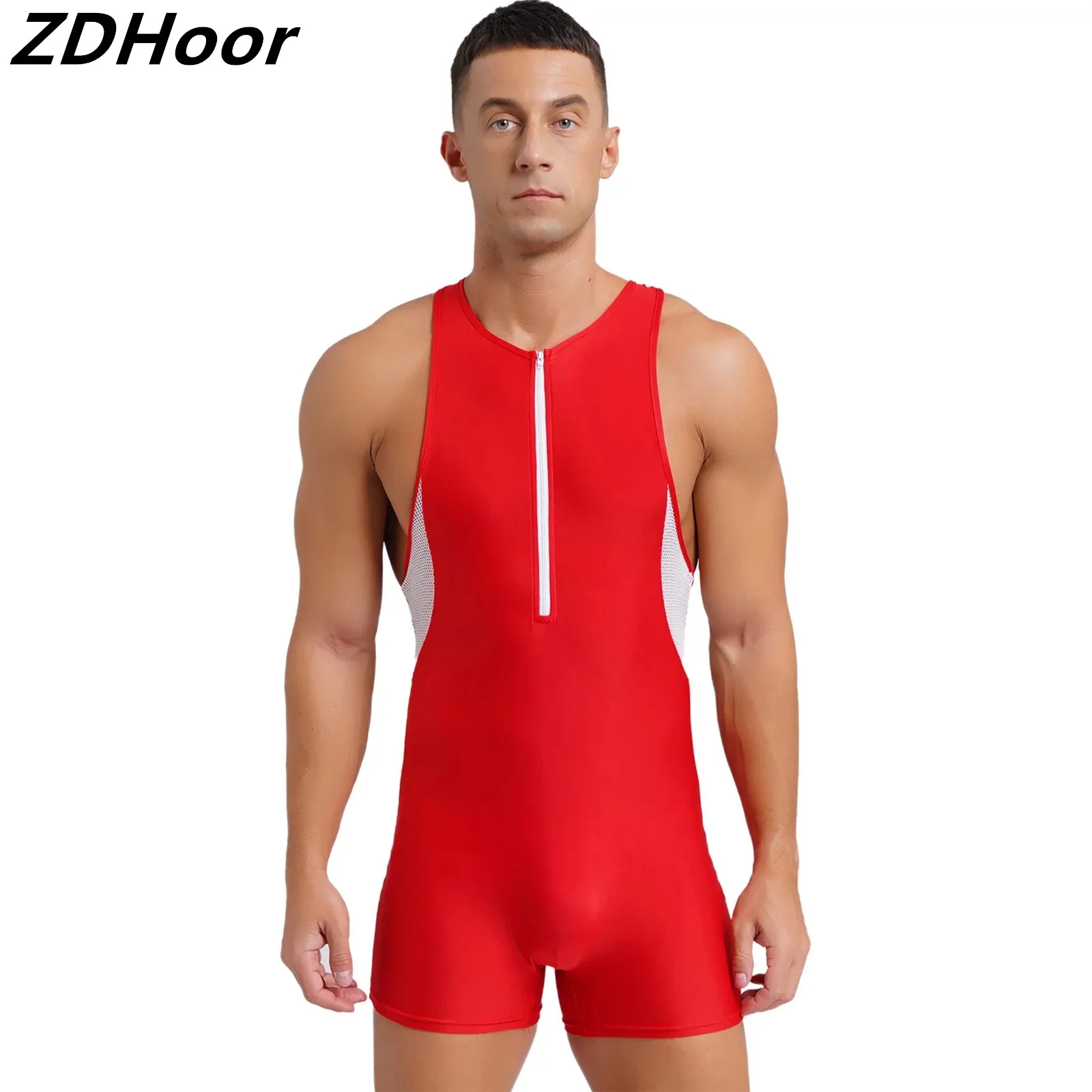 Mens Hollow Out Mesh Patchwork Swimsuit Zipper Jumpsuit Wrestling Singlet Sleeveless Bodysuit for Gymnastics Workout Swimming