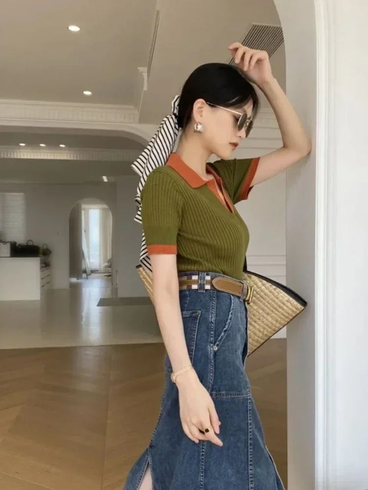 여성 슬림 빈티지 폴로 칼라 티셔츠 반팔 우아한 블라우스 부드럽고 통기성 좋은 여름 패션 탑 2025 여성 티셔츠