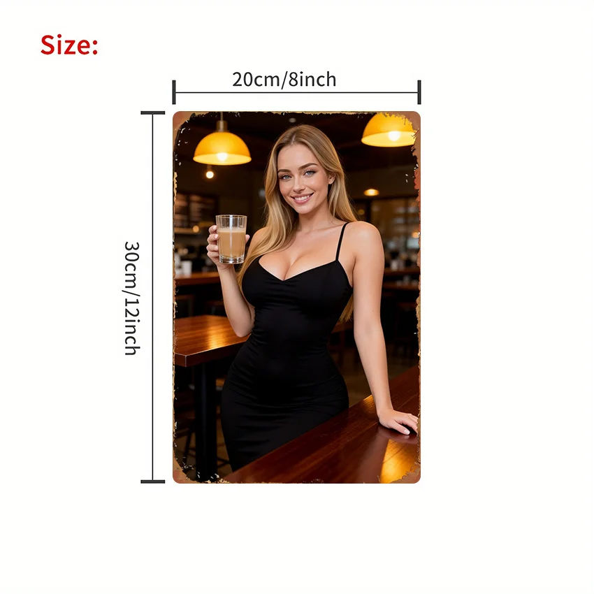 Vintage Metal Tin Sign, Smiling Blonde Lady In Black Slip Dress Holding Coffee Indoor Cafe Retro Wall Decor for  Kitchen Garage