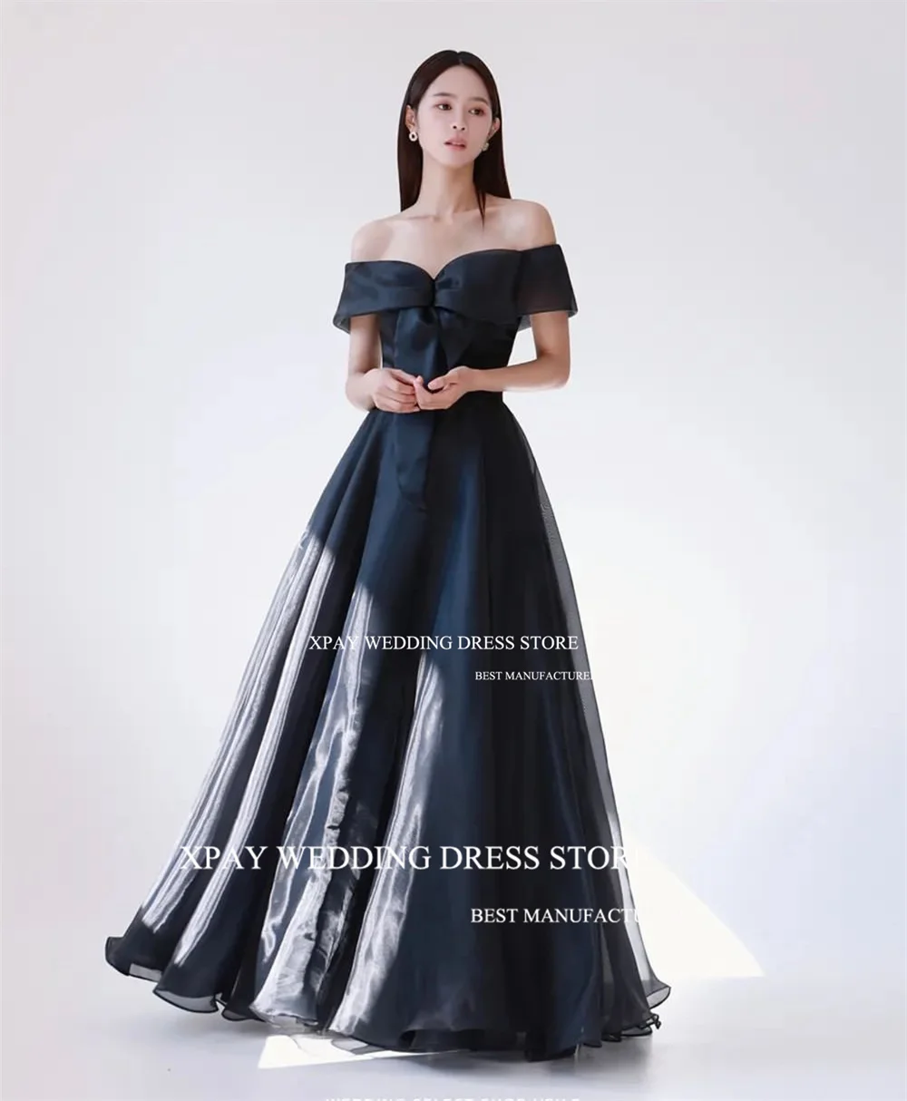 XPAY Off Shoulder Black Organza Korea Evening Dresses Shiny  Short Sleeve Drap Wedding Photo Shoot Customised Corset Bride Gown