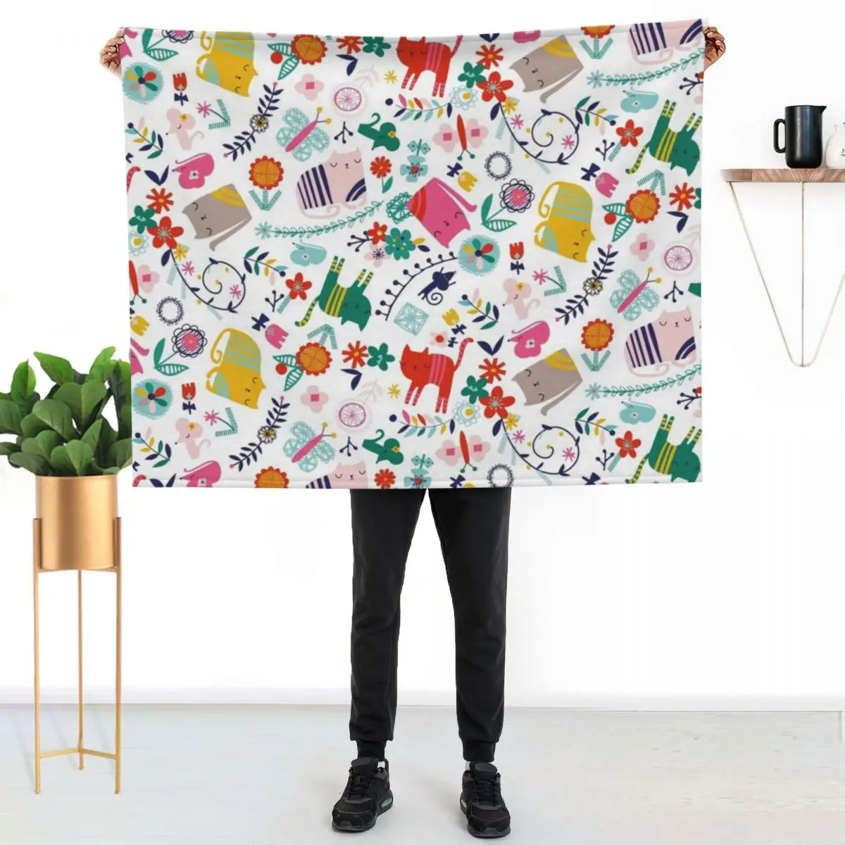 

Cat, mouse and rainbow flowers Throw Blanket Decorative Soft Throw Blanket for Couch Sofa