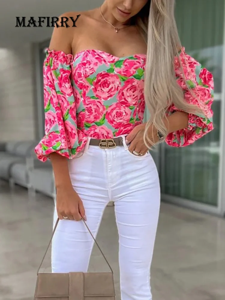 

Spring Autumn Sexy Women Slash Neck Blouse Blusa Casual Backless Retro Print Slim Fit Shirt Outdoor Femme Long Sleeve Short Tops