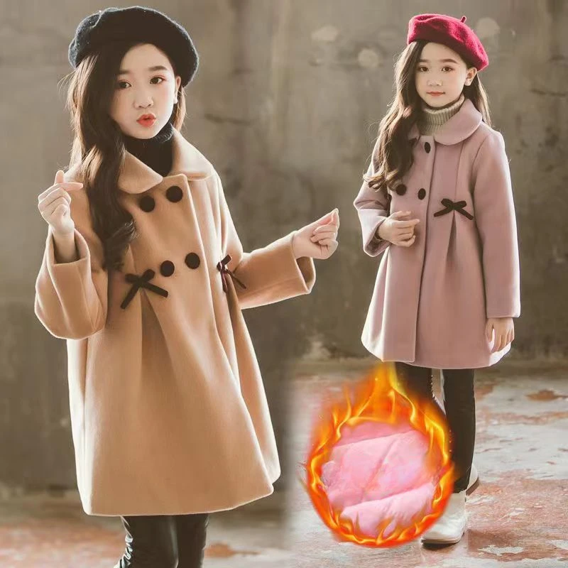 

New Baby Girls Woolen Jacket Coat Kids Winter Outerwear Clothes Children Spring Autumn Mid-length Windbreaker for 4-12Years Wear