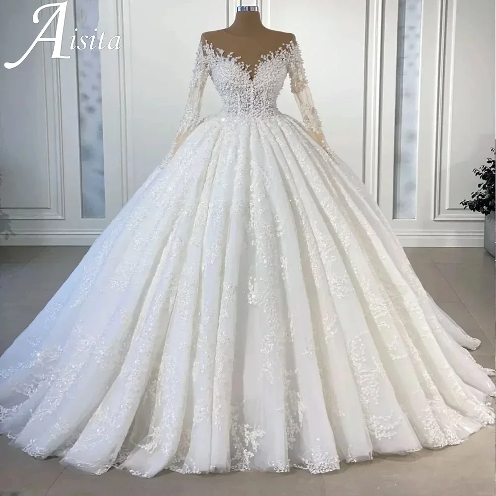Elegantes O-Ausschnitt Spitzenapplikation Langarm A-Linien Brautkleid 2026 Neuestes Perlenbesetztes Brautkleid in Hellbraun für Damen