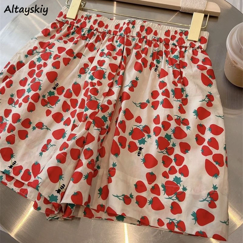 Shorts Women Summer Leisure Strawberry Print Wide-leg High Elasticity Waist Breathable Sweet Students Thin Korean Style Ulzzang