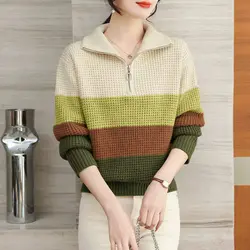 Women's Clothing Half Open Collar Autumn Winter Screw Thread Sweater Knitted Pullover Zipper Casual Elegant Contrast Color Tops