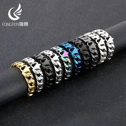 Fongten Stainless Steel Smooth Cuban Chain Buckle Fashion Men's Hip Hop Domineering Blue Bracelet Chunky Jewelry Charm Gifts