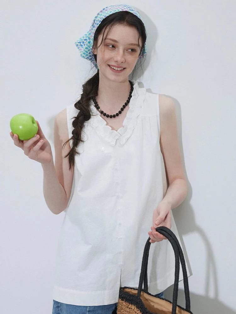 

Elegant V-Neck Sleeveless Vest Shirt Summer 2026 Doll Style Women's Fashion White Shirt Casual Loose Fit Commute Style