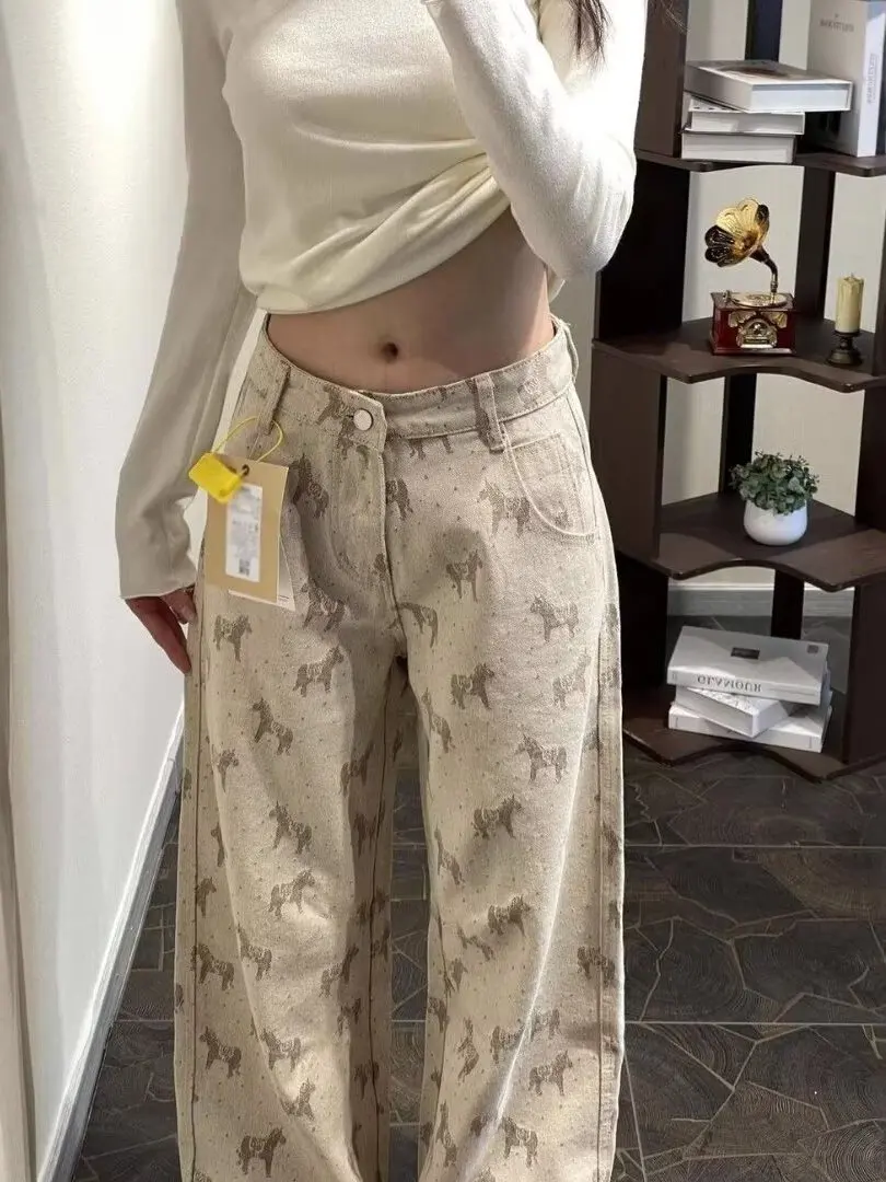 American Retro Print Wide Leg Denim Jeans High Waist Loose Straight Floor-Length Pants Women's Autumn New Design Sense