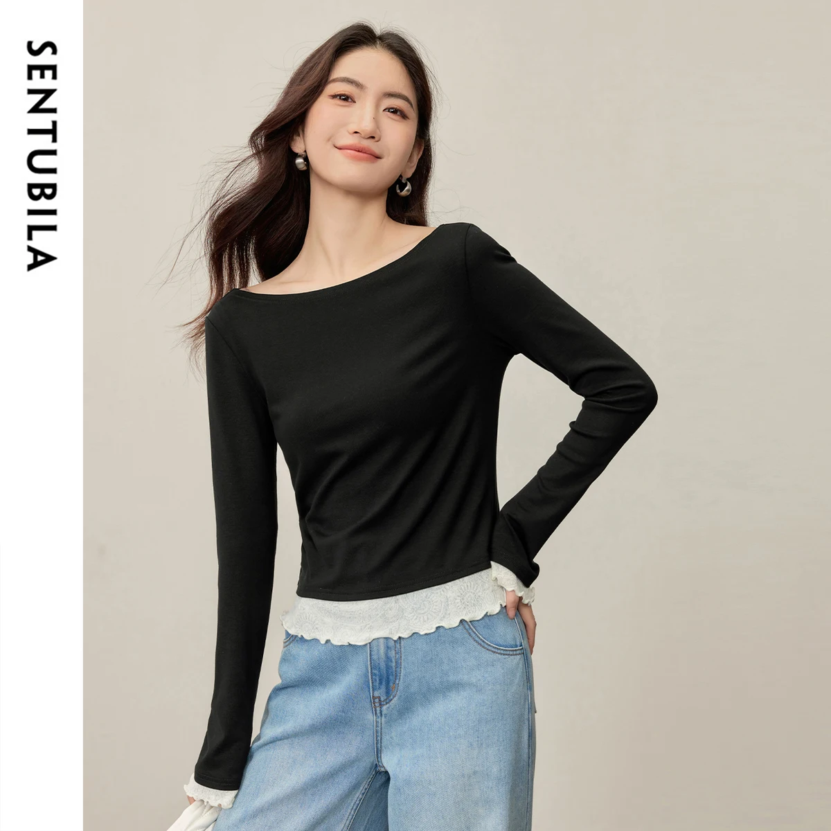 Sentubila roupas femininas rendas emenda malha topo 2025 outono inverno elegante comute slash neck pullovers 153sh2838