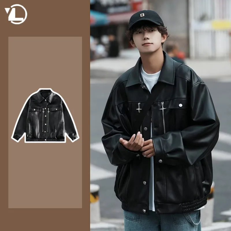 Men Motorcycle PU Leather Jacket American Vintage Zipper Decoration Lapel Bomber Coat Hip Hop Unisex Street Racing Black Outwear