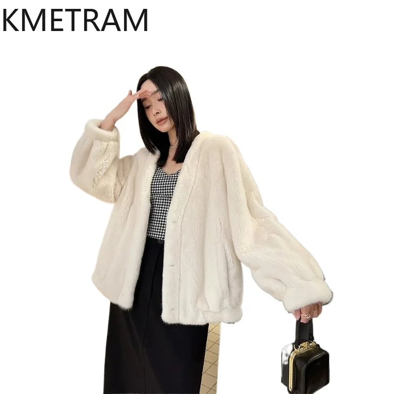 KMETRAM Real Whole Mink Fur Coat Woman Fashion Velvet Mink Fur Jacket V-Neck Short Winter Jackets Women Clothing 60cm 2026 шуба