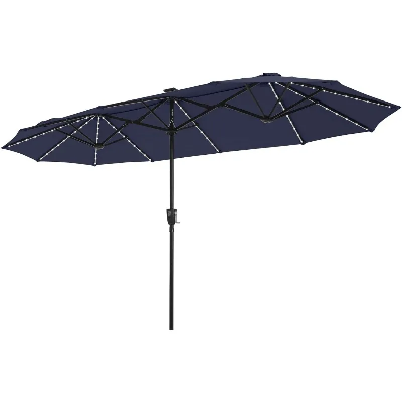 13FT Double-Sided Patio Umbrella w/Solar Lights, Outdoor Table Rectangular Umbrellas w/ 120 LED Lights, Hand Crank