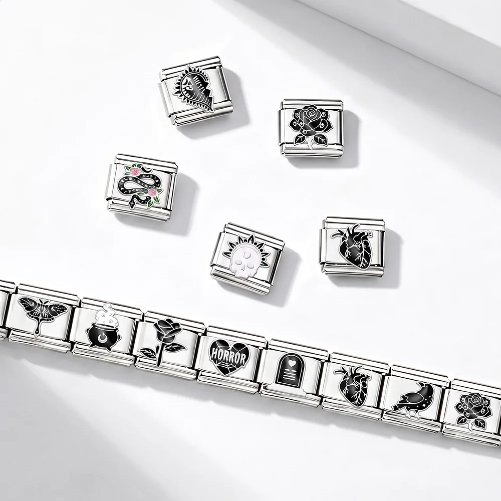 Skull Horror Crow Black Rose Gothic Dark Aesthetic Italian Charm Links 9mm Stainless Steel Bracelet Jewelry DIY Making Halloween