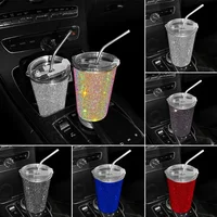 Taza de agua de acero inoxidable con diamantes ostentosos para coche, 550ML, taza de café y bebidas para mujer, accesorios interiores para coche, hogar y oficina