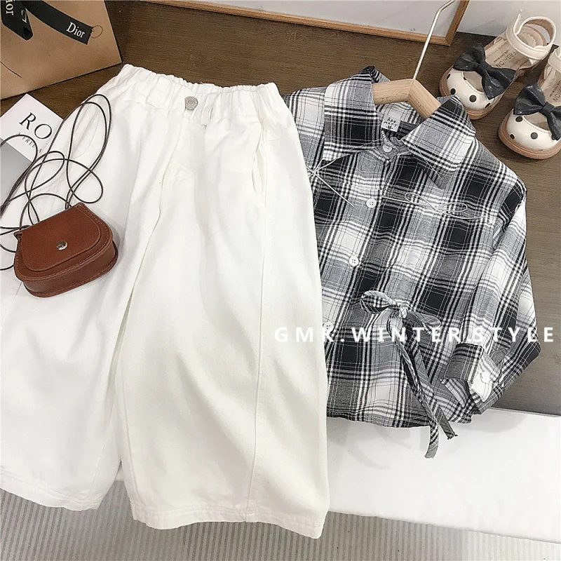

Girls' Black and White Plaid Shirt Spring and Autumn New Style Turn-down Collar Retro Shirt Children's White Straight Pants