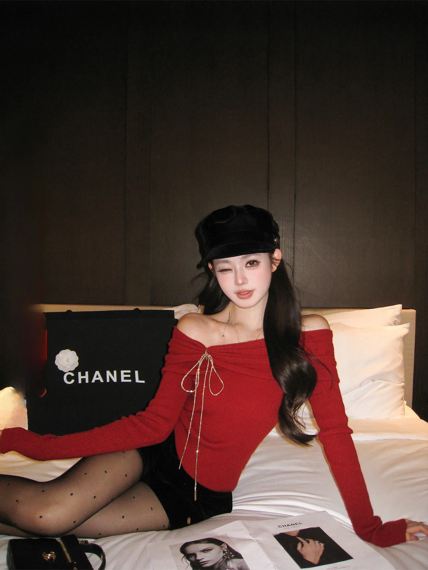 

Красный облегающий вязаный топ на одно плечо для женщин, осенне-зимний, с эффектом похудения, базовый слой, нежный дизайн