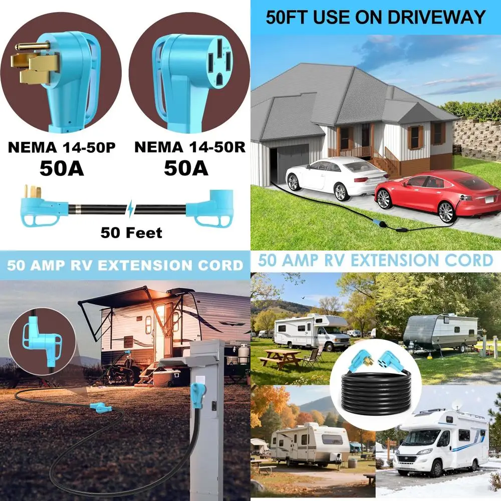 

Удлинитель RV/EV, 50 А, 50 футов, сверхмощный провод STW калибра 6/3 + 8/1, костюм NEMA 14-50P/R для Tesla Model 3/S/X/Y EV