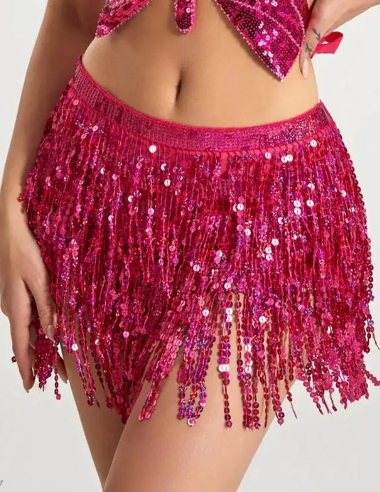 Damen Pailletten-Quasten-Bauchtanzrock Glänzende Perlen Taillenkette Saumrock Bohemian Taillenrock Gürtel – Detail 15