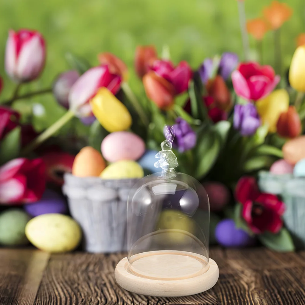 1Set Rabbit Dome Display Tray Practical Clear Cake Plate with Wood Base Household Display Organizer