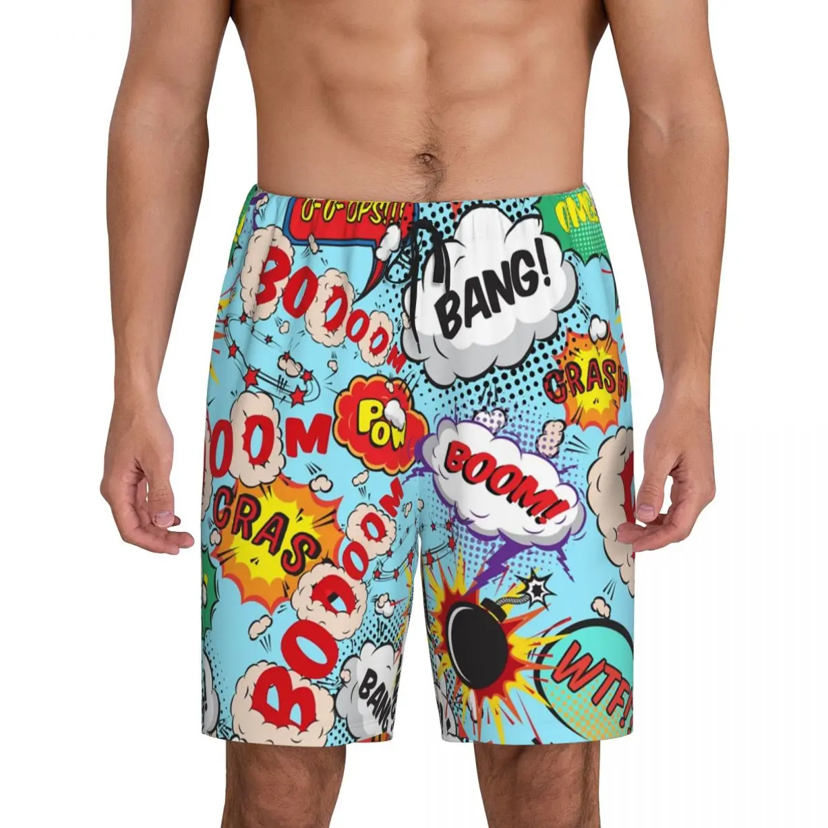 Custom Men's Superhero Cartoon Anime Pajama Bottoms Comic Pop Art Explosions Pattern Sleepwear Pjs Sleep Shorts with Pockets