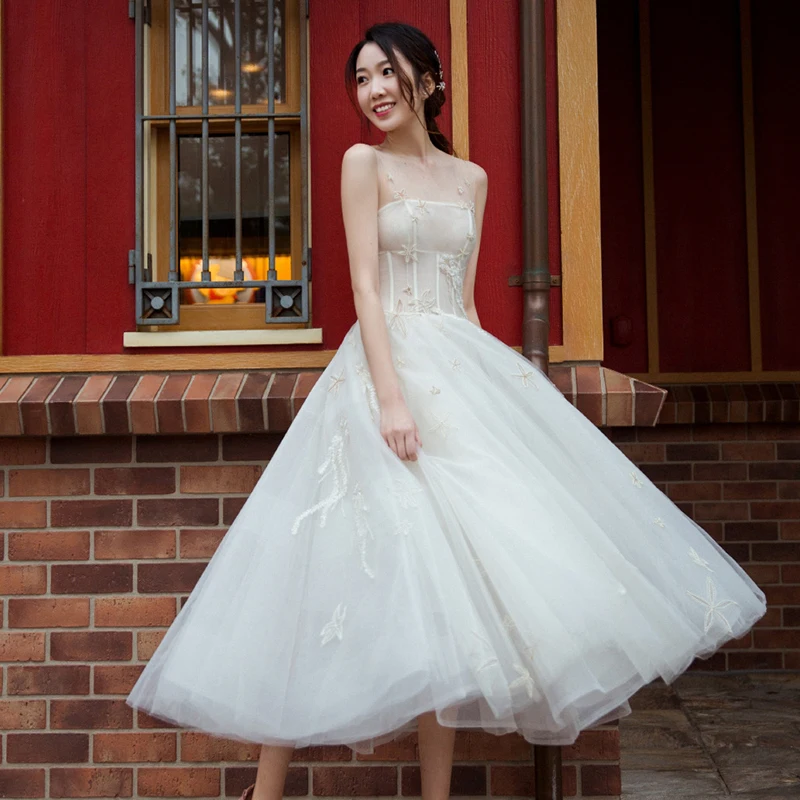 

Sweet Sle Wedding Dr 2025 New Simple Forest System Fairy T ort Wedding Gown Mid-Length Puffy Skirt for Bride