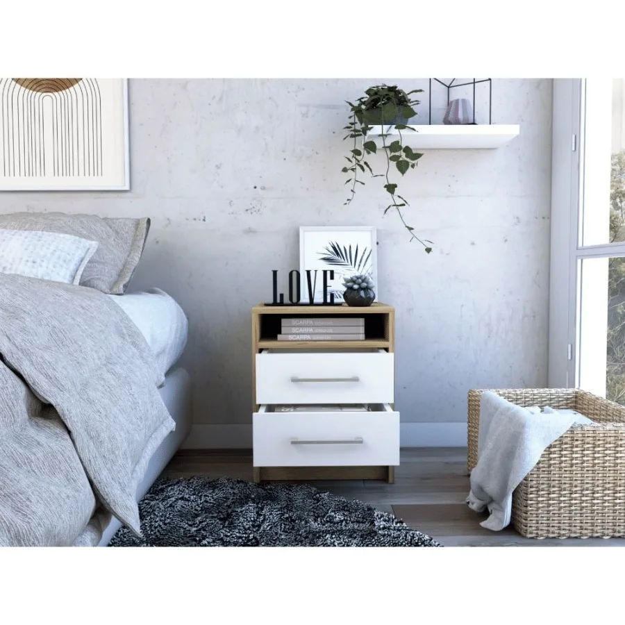 منضدة DEPOT E-SHOP Leyva ذات درجين، سطح متفوق باللون الأبيض/البلوط الخفيف